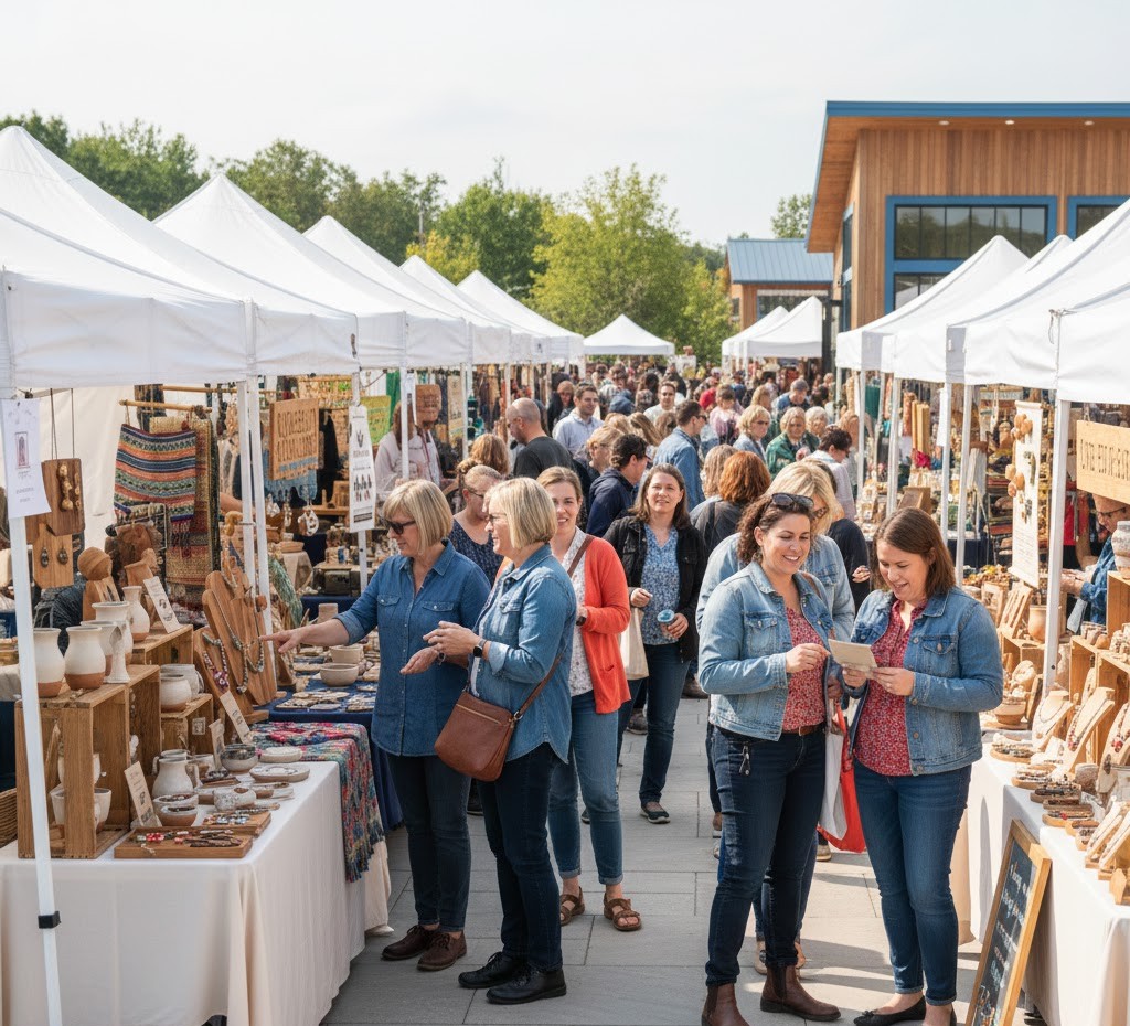 Craft fair with displays of handmade items and happy participants