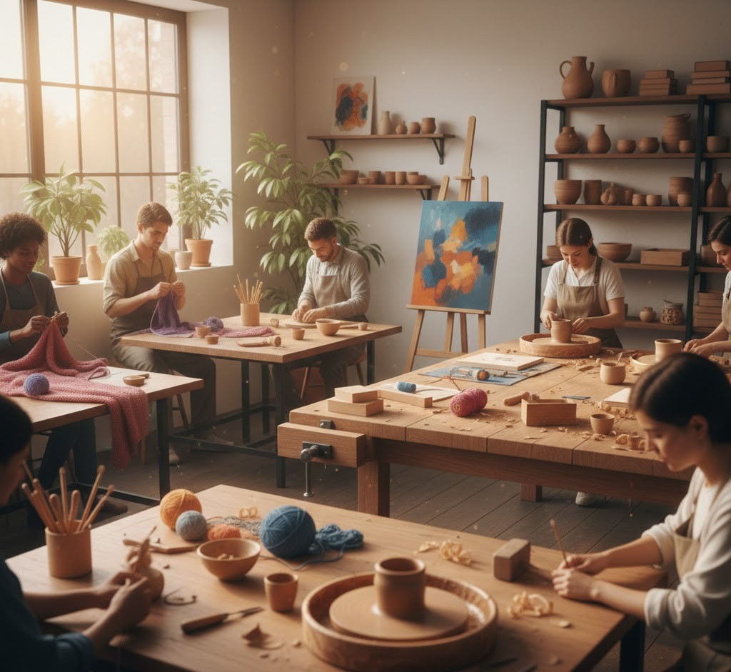 Bright craft studio with various projects in progress