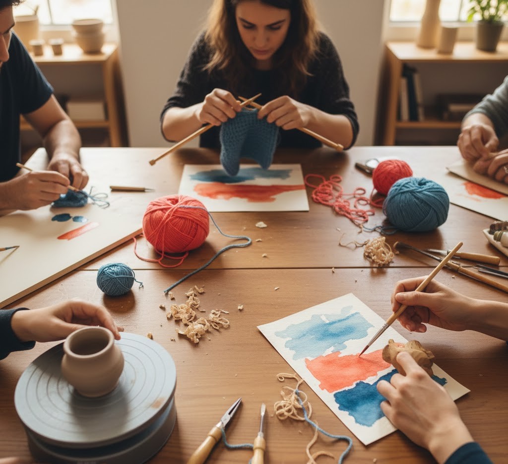 Diverse group of hands working on various crafting projects together