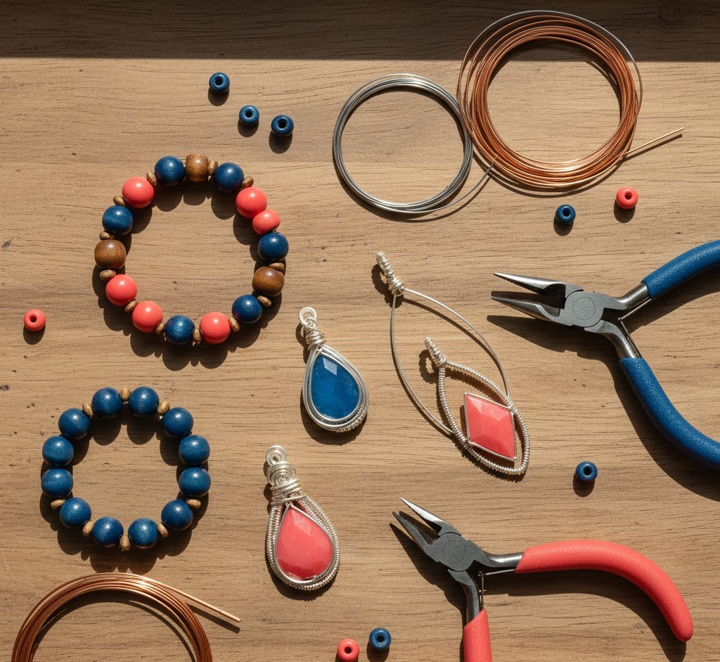 Various handmade jewelry pieces laid on craft table