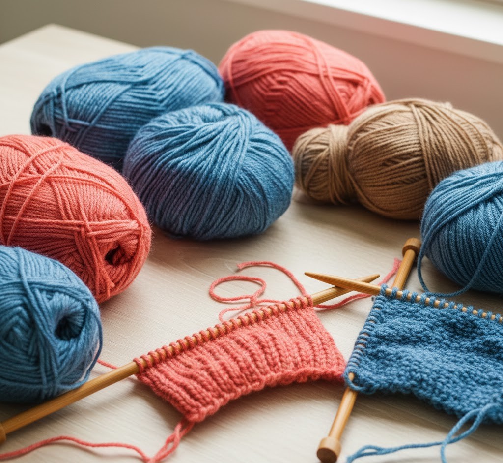 Hands working with colorful yarn and knitting needles