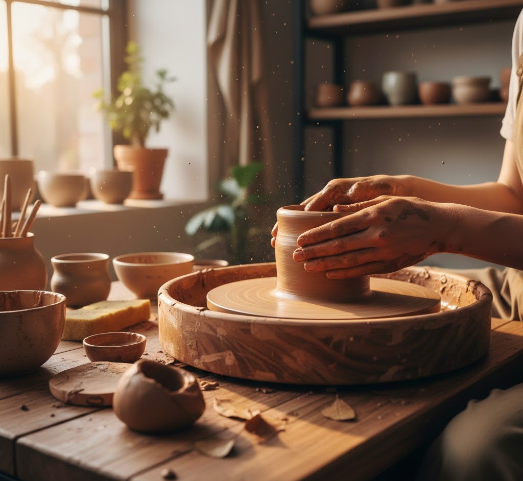 Pottery wheel with hands shaping clay into a bowl
