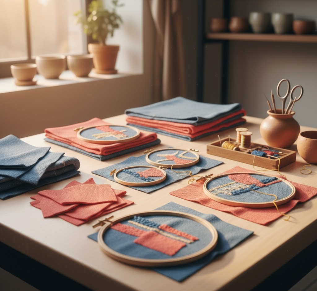 Colorful fabric scraps and embroidery hoops with thread