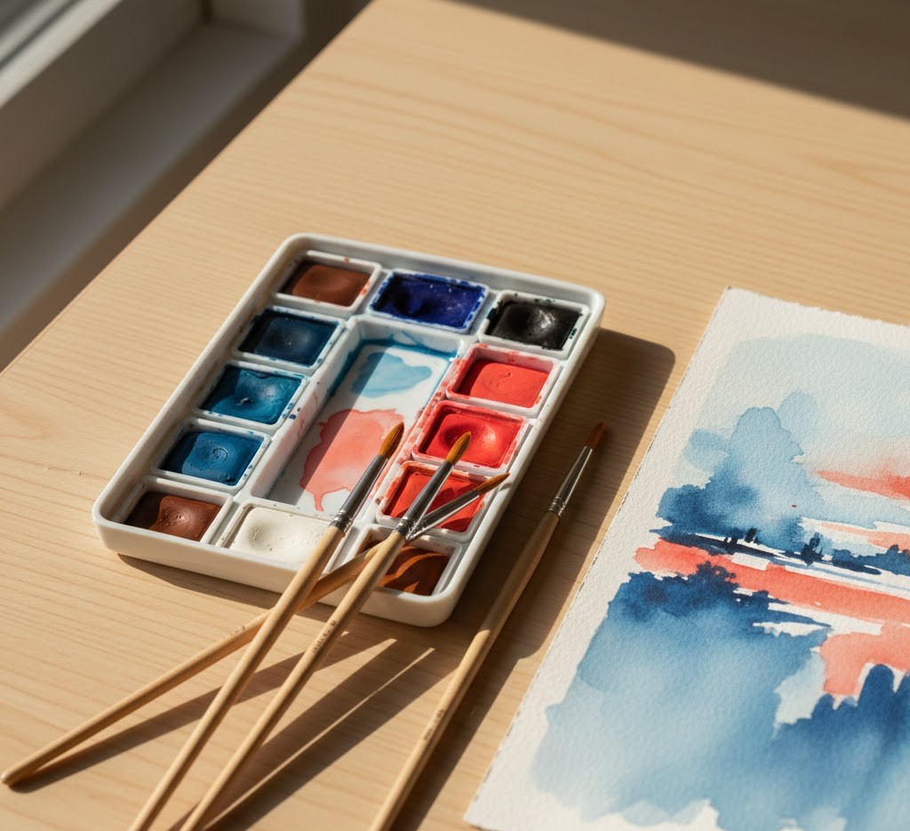 Watercolor palette with brushes and painted landscape on paper